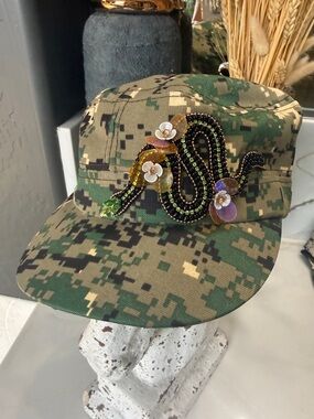 SellersMerch Camo Military-Style Cap with Beaded Snake & Floral Embellishment